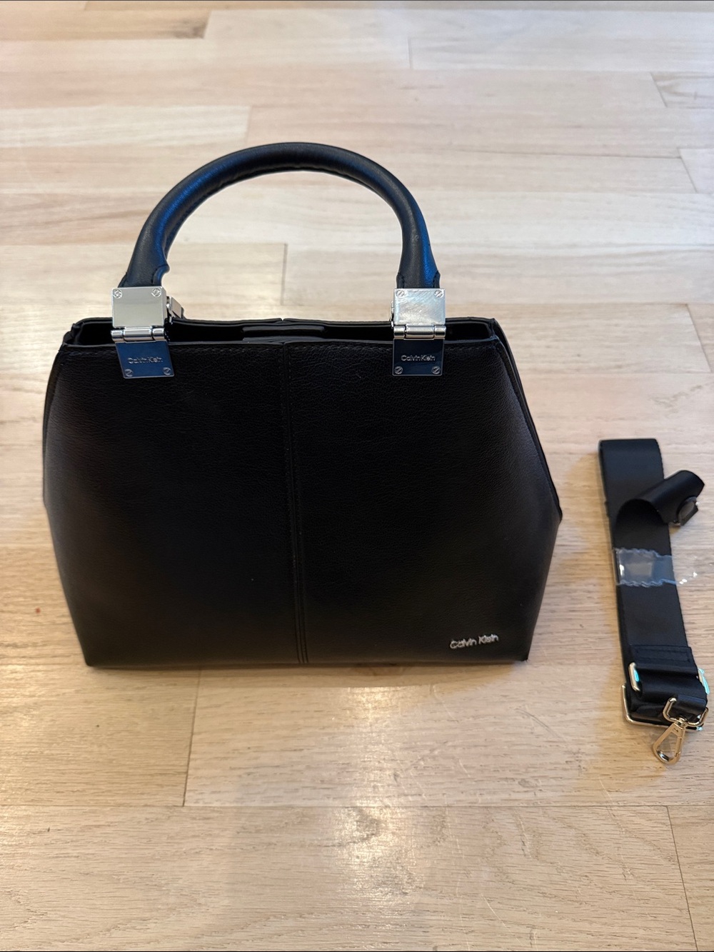Calvin Klein Black Leather Satchel with Top Handles and Detachable Strap
